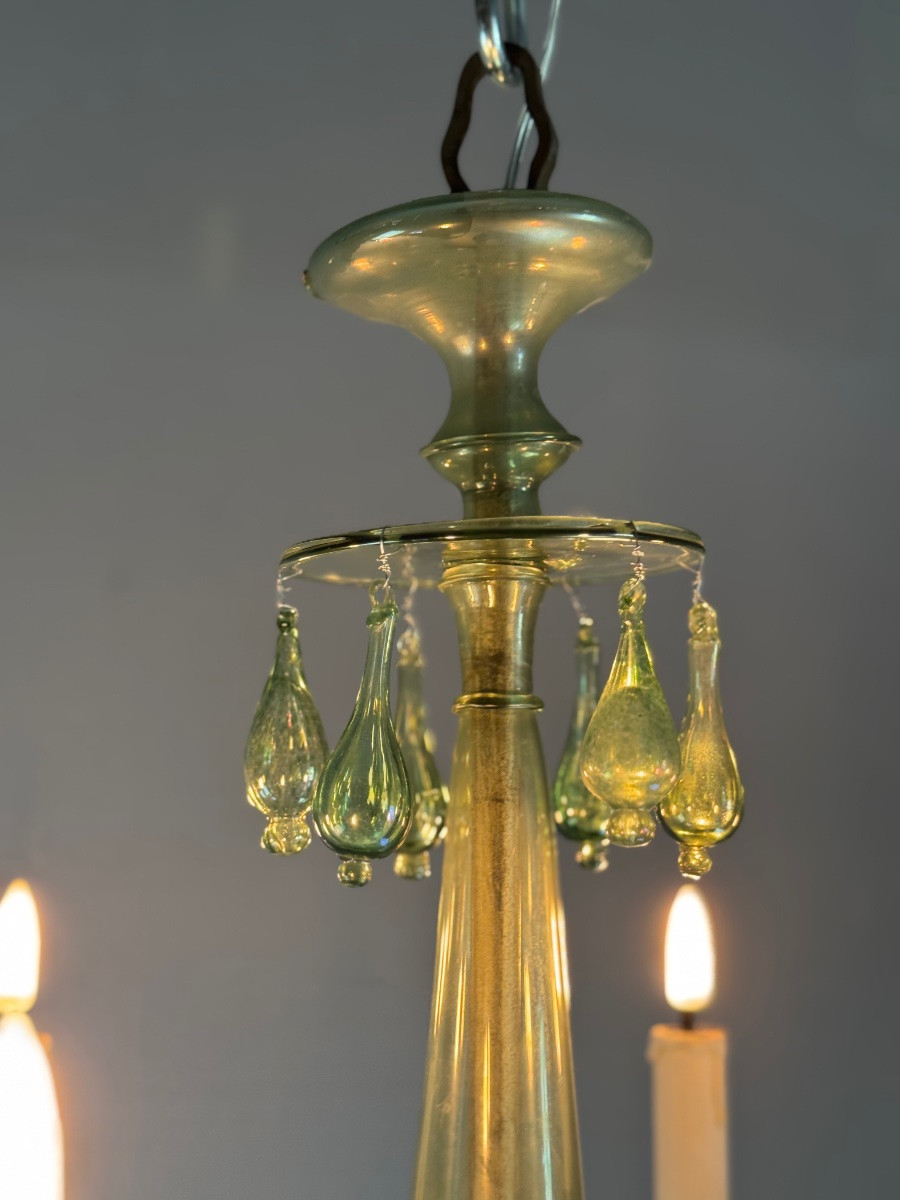 Lustre vénitien en verre de Murano vert, 6 bras de lumière, vers 1920 -photo-6