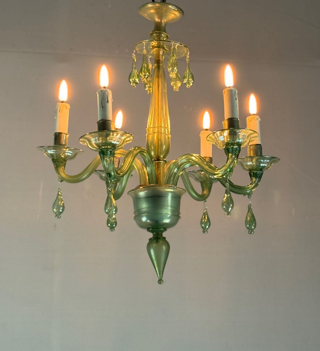 Lustre vénitien en verre de Murano vert, 6 bras de lumière, vers 1920 