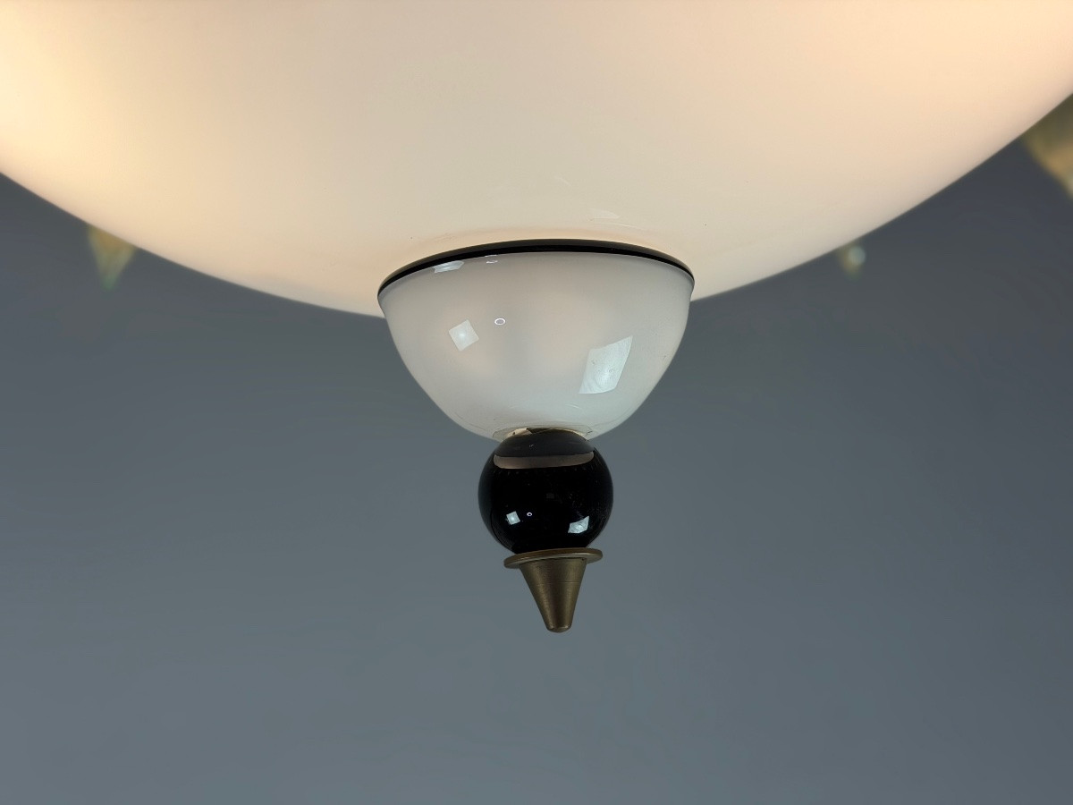 Venetian Chandelier In White, Black And Green Murano Glass Dusted With Gold, Circa 1980 -photo-4