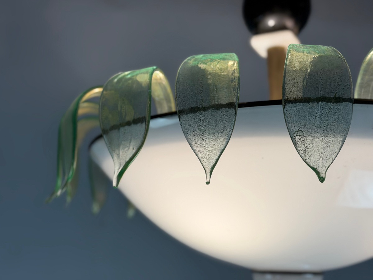 Venetian Chandelier In White, Black And Green Murano Glass Dusted With Gold, Circa 1980 -photo-5