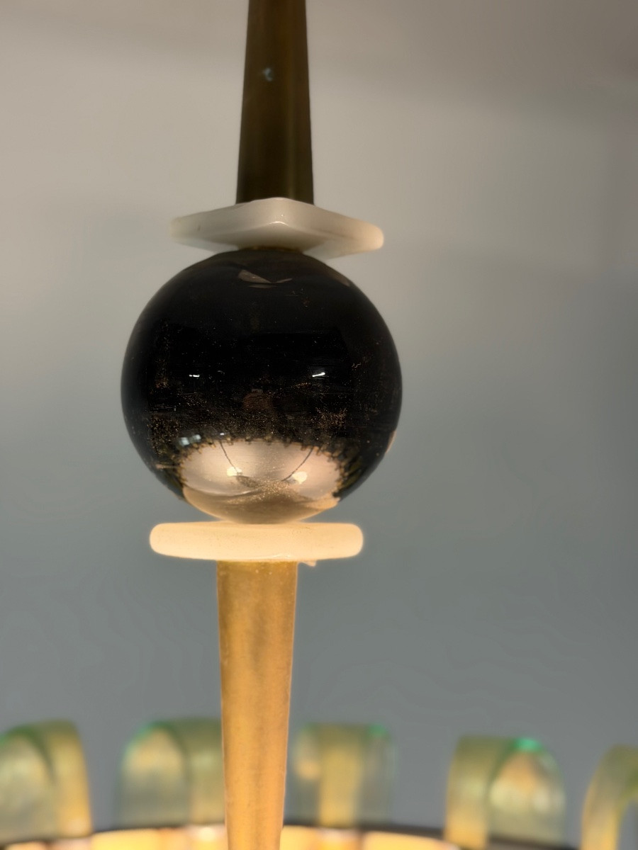Venetian Chandelier In White, Black And Green Murano Glass Dusted With Gold, Circa 1980 -photo-6
