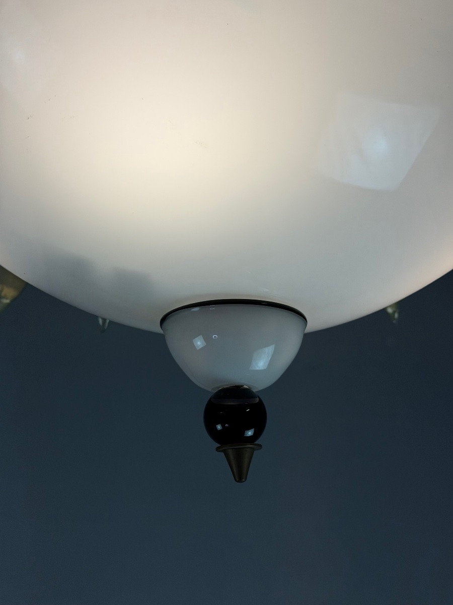 Venetian Chandelier In White, Black And Green Murano Glass Dusted With Gold, Circa 1980 -photo-7