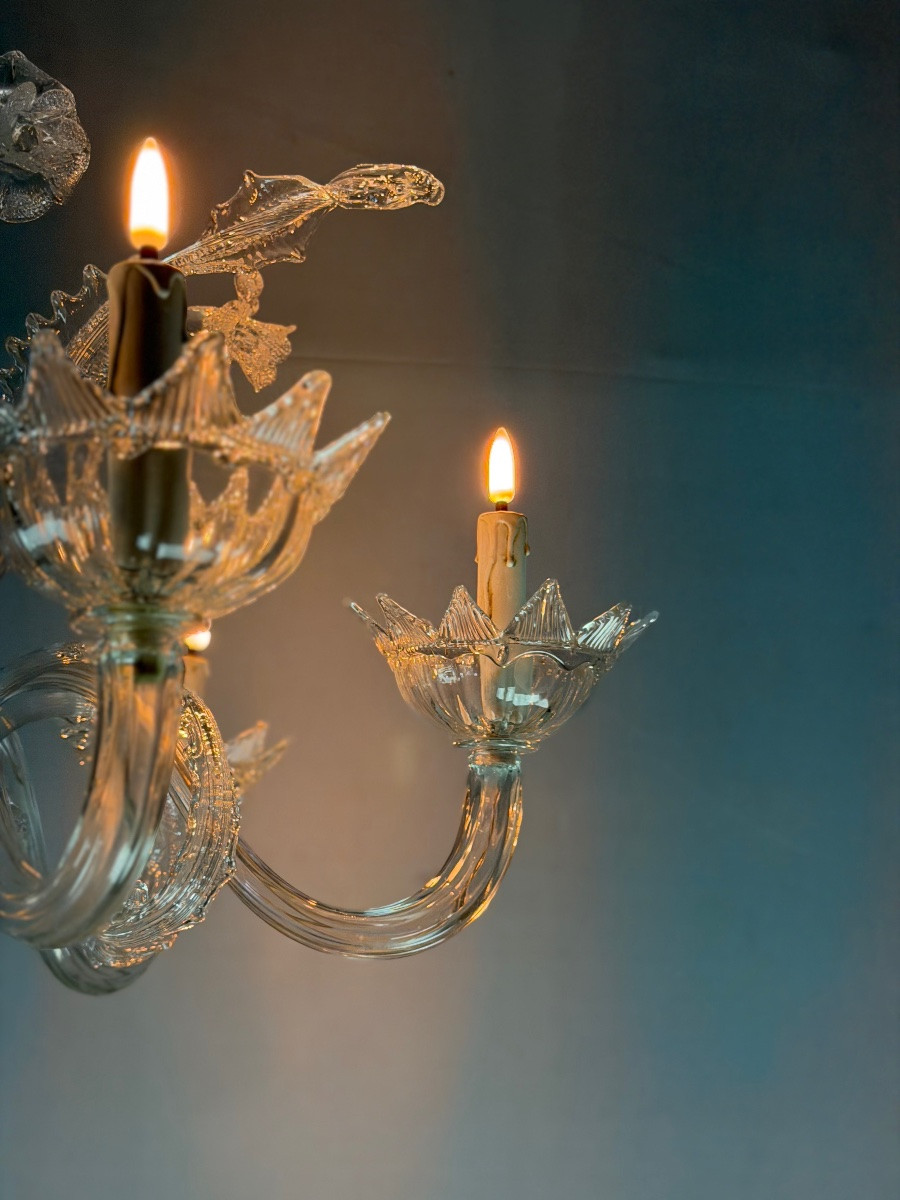 Lustre vénitien en verre de Murano incolore 6 bras de lumière, vers 1930 -photo-1