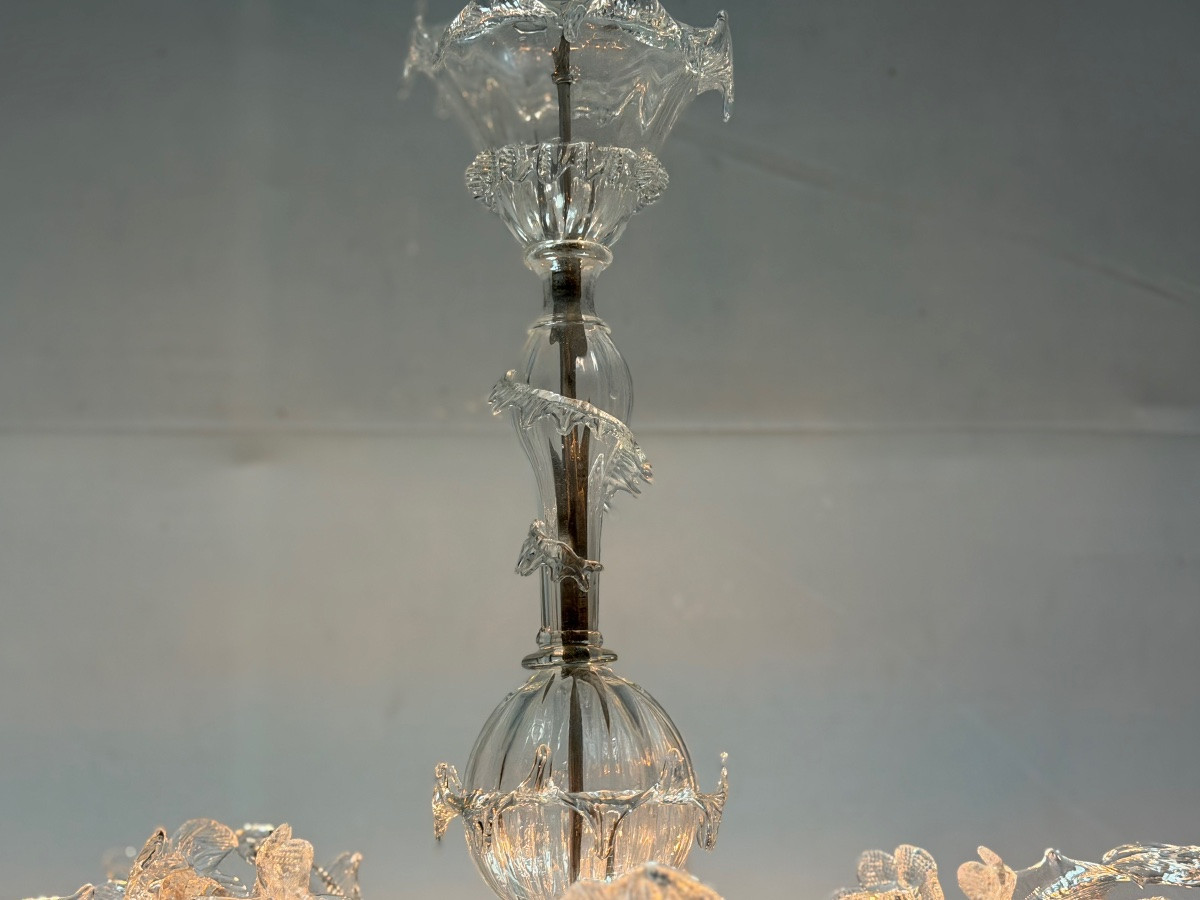 Lustre vénitien en verre de Murano incolore 6 bras de lumière, vers 1930 -photo-5