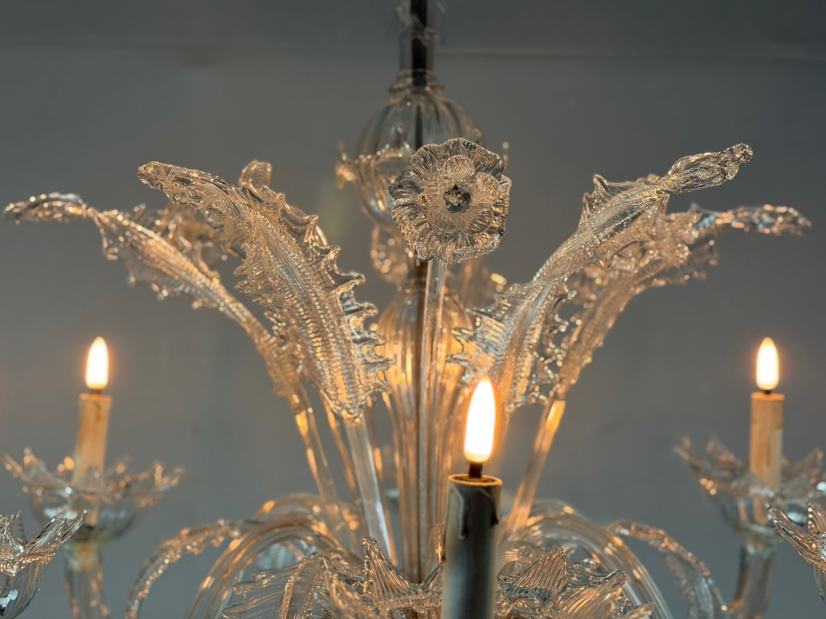 Lustre vénitien en verre de Murano incolore 6 bras de lumière, vers 1930 -photo-6
