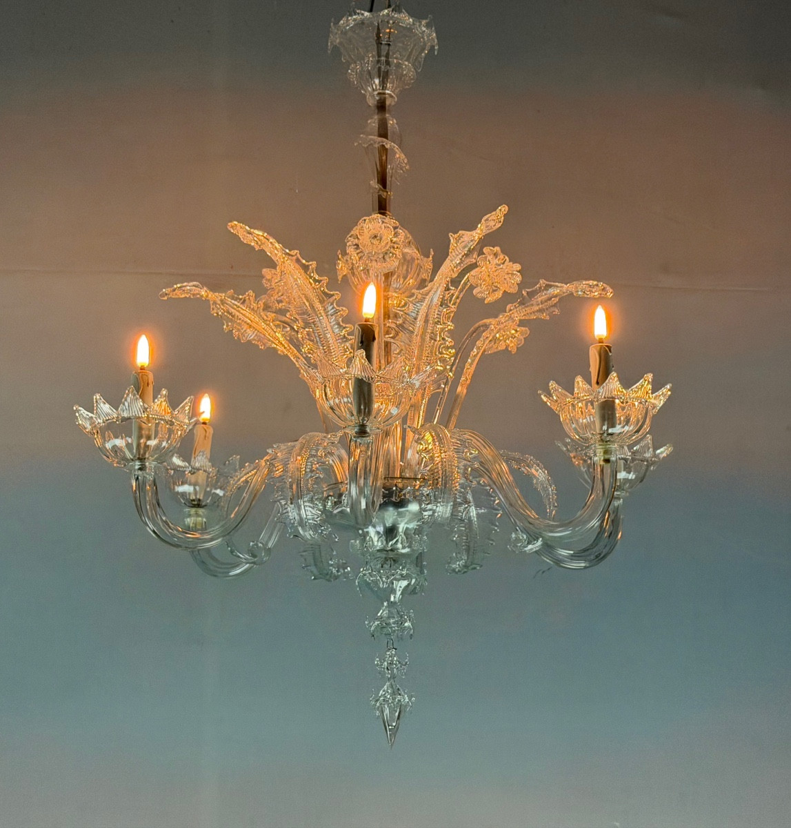 Lustre vénitien en verre de Murano incolore 6 bras de lumière, vers 1930 