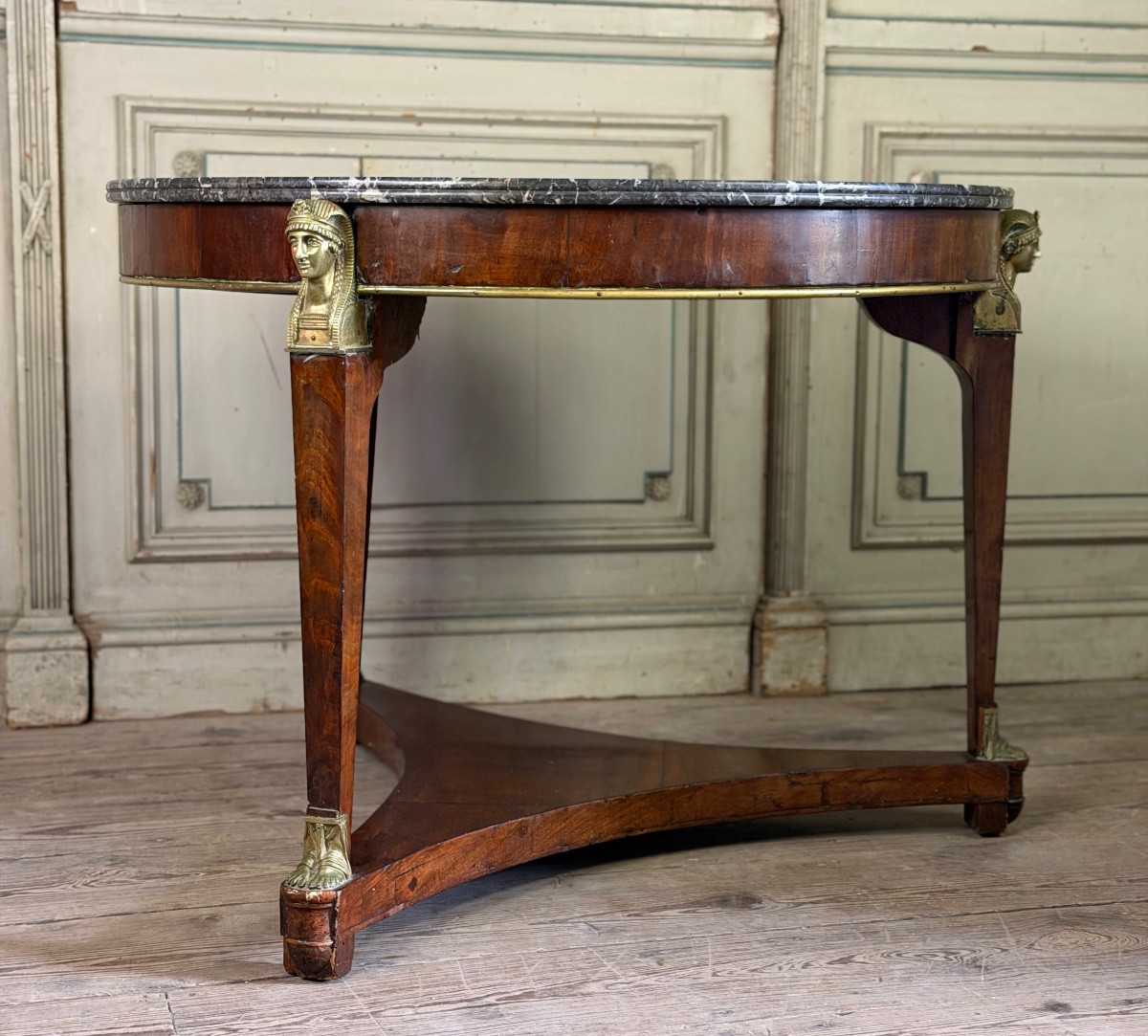 Table guéridon Empire en acajou et bronze, marbre gris Saint-Anne à gorge, vers 1800-photo-2