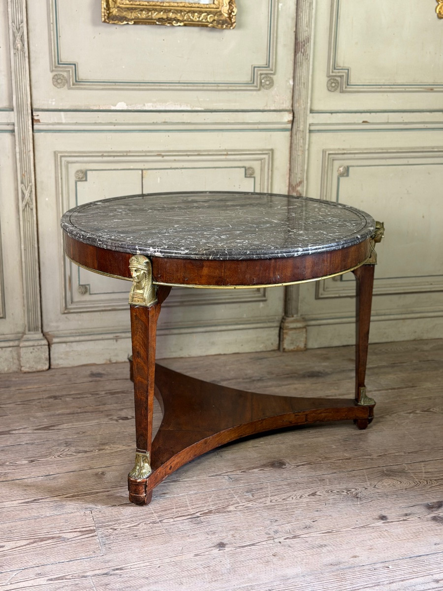 Table guéridon Empire en acajou et bronze, marbre gris Saint-Anne à gorge, vers 1800-photo-3