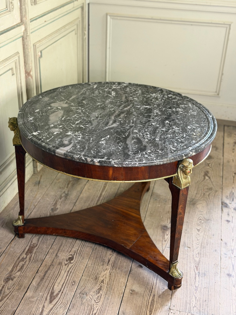 Table guéridon Empire en acajou et bronze, marbre gris Saint-Anne à gorge, vers 1800-photo-4