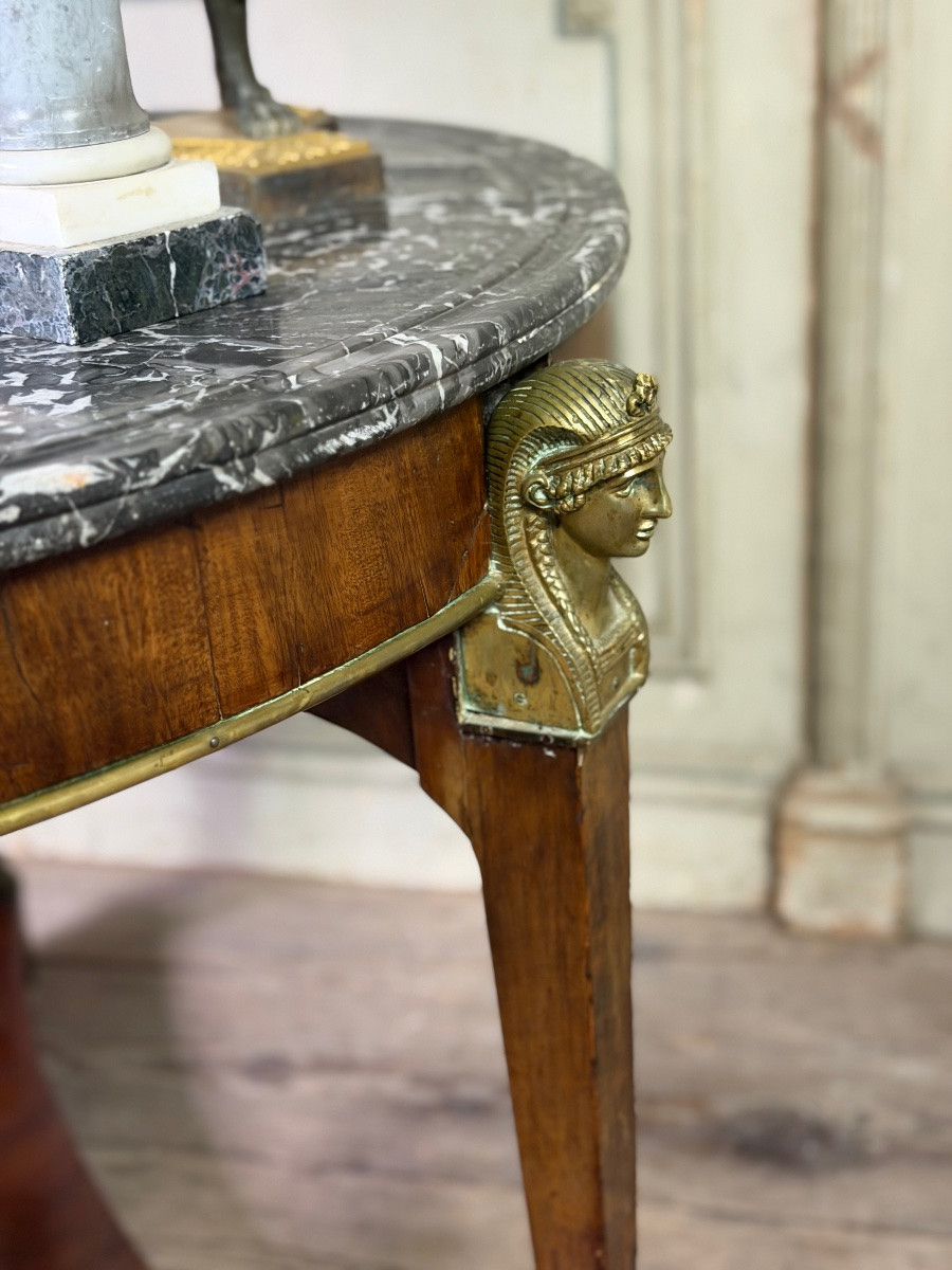 Table guéridon Empire en acajou et bronze, marbre gris Saint-Anne à gorge, vers 1800-photo-4