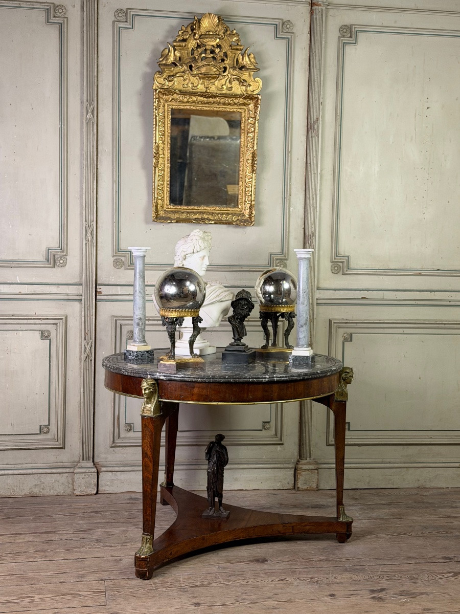 Table guéridon Empire en acajou et bronze, marbre gris Saint-Anne à gorge, vers 1800-photo-6