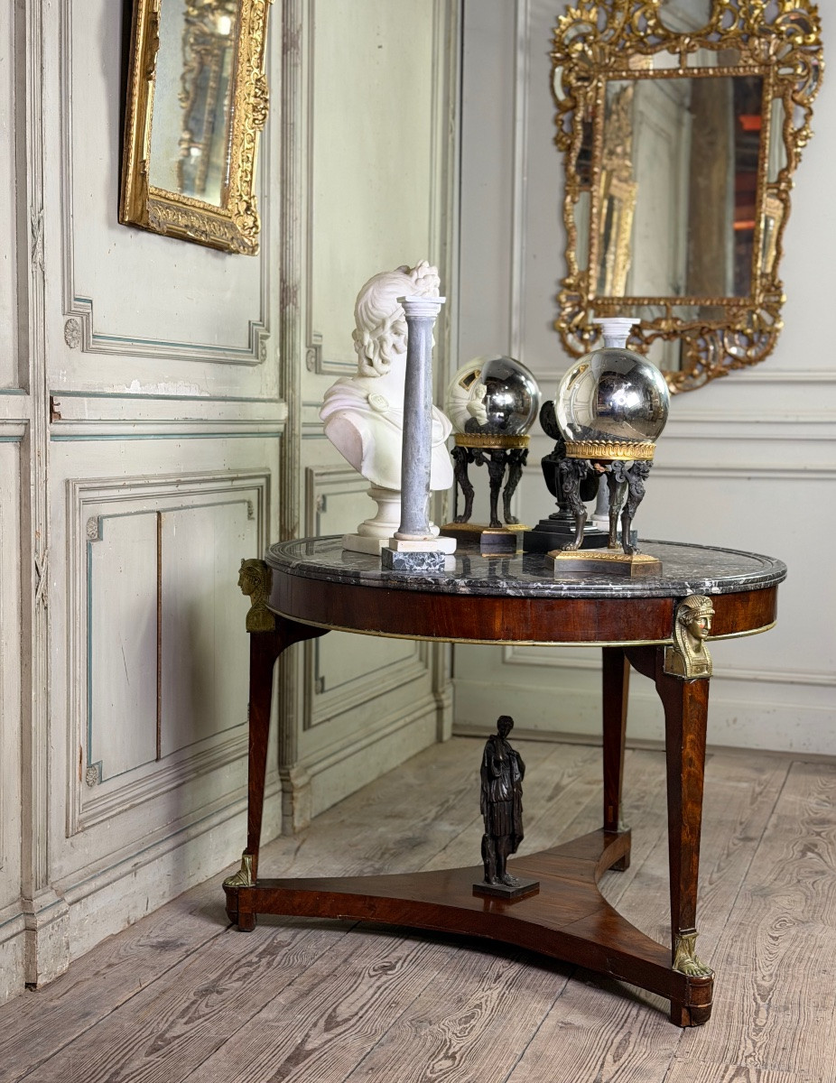 Table guéridon Empire en acajou et bronze, marbre gris Saint-Anne à gorge, vers 1800-photo-8