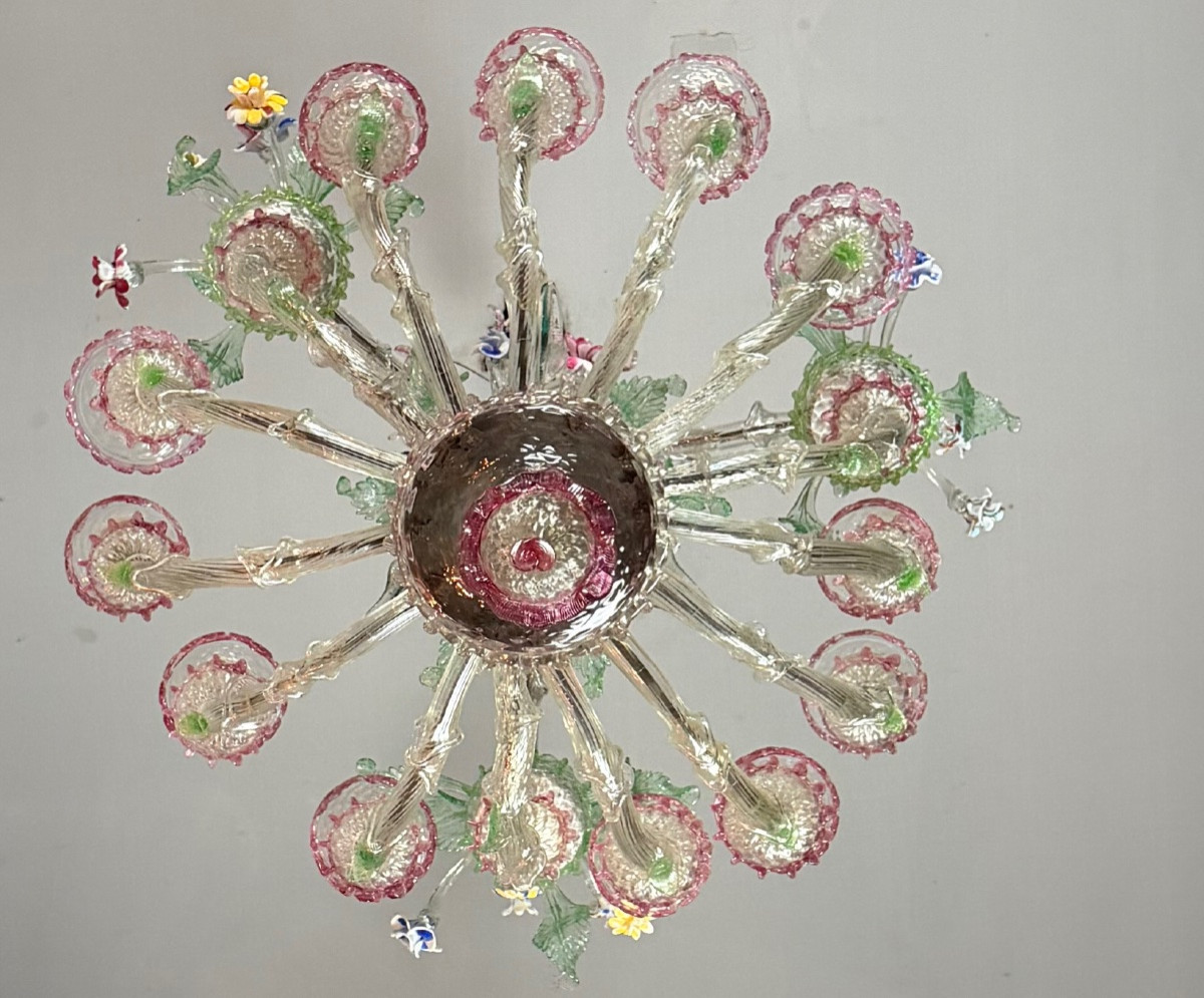 Large Venetian Rezzonico Chandelier In Multi-colored Murano Glass, Circa 1920 -photo-3
