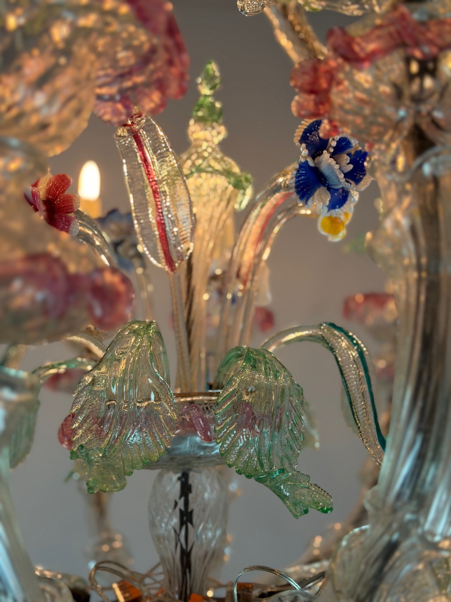 Large Venetian Rezzonico Chandelier In Multi-colored Murano Glass, Circa 1920 -photo-6