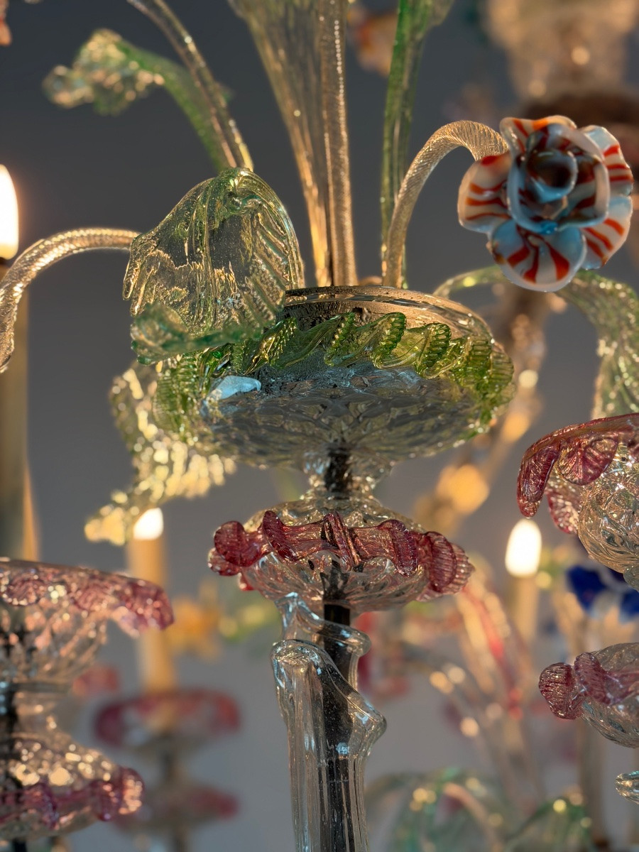 Large Venetian Rezzonico Chandelier In Multi-colored Murano Glass, Circa 1920 -photo-7