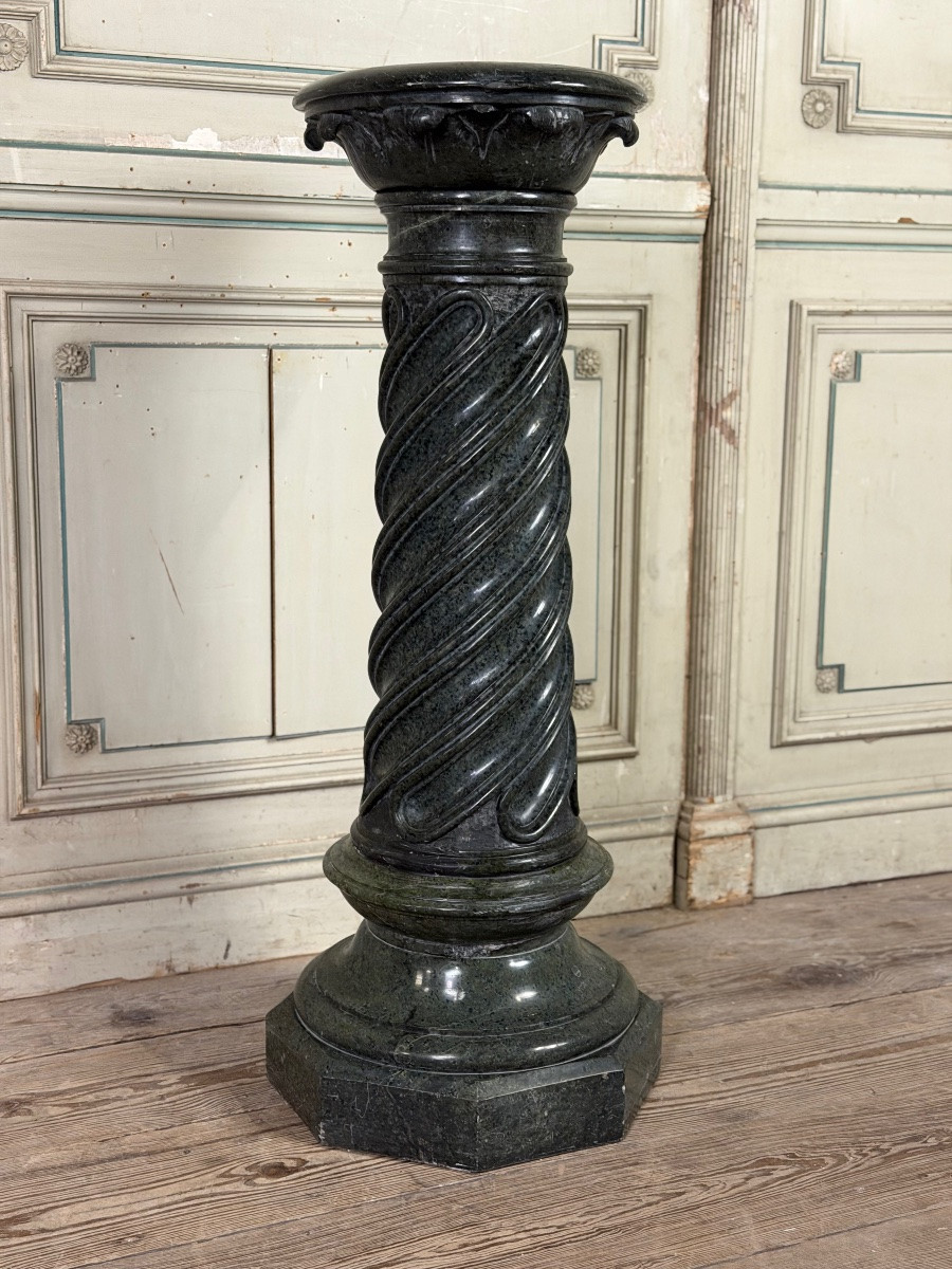 Column In Green Serpentine Marble, Shaft Sculpted In A Spiral, Circa 1880-photo-4