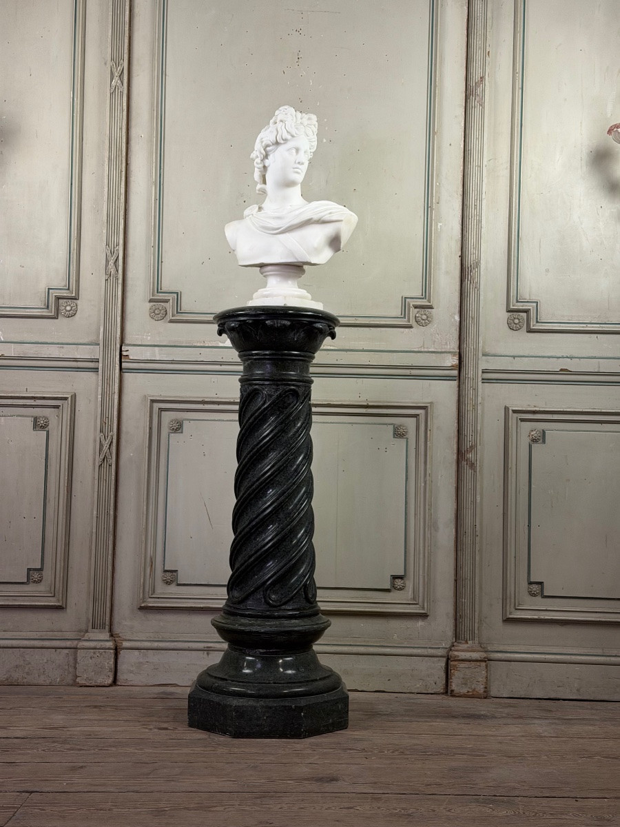 Column In Green Serpentine Marble, Shaft Sculpted In A Spiral, Circa 1880-photo-4