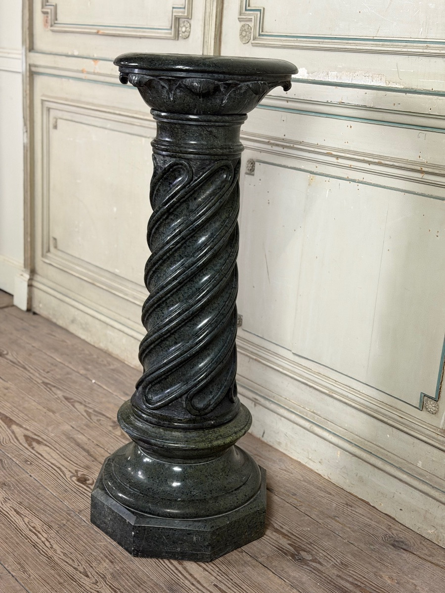 Column In Green Serpentine Marble, Shaft Sculpted In A Spiral, Circa 1880-photo-5