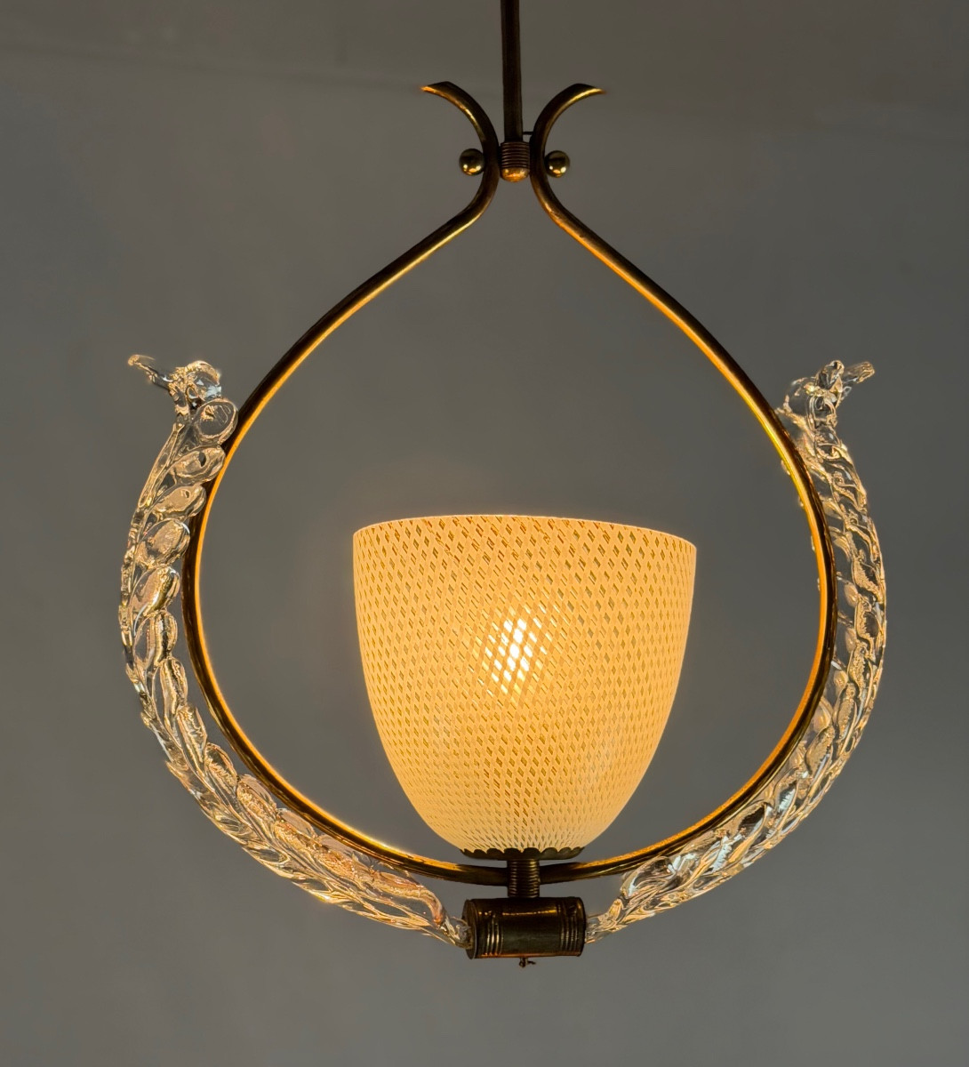 Lustre vénitien en verre de Murano incolore, coupe « Vetro à reticello » vers 1950 