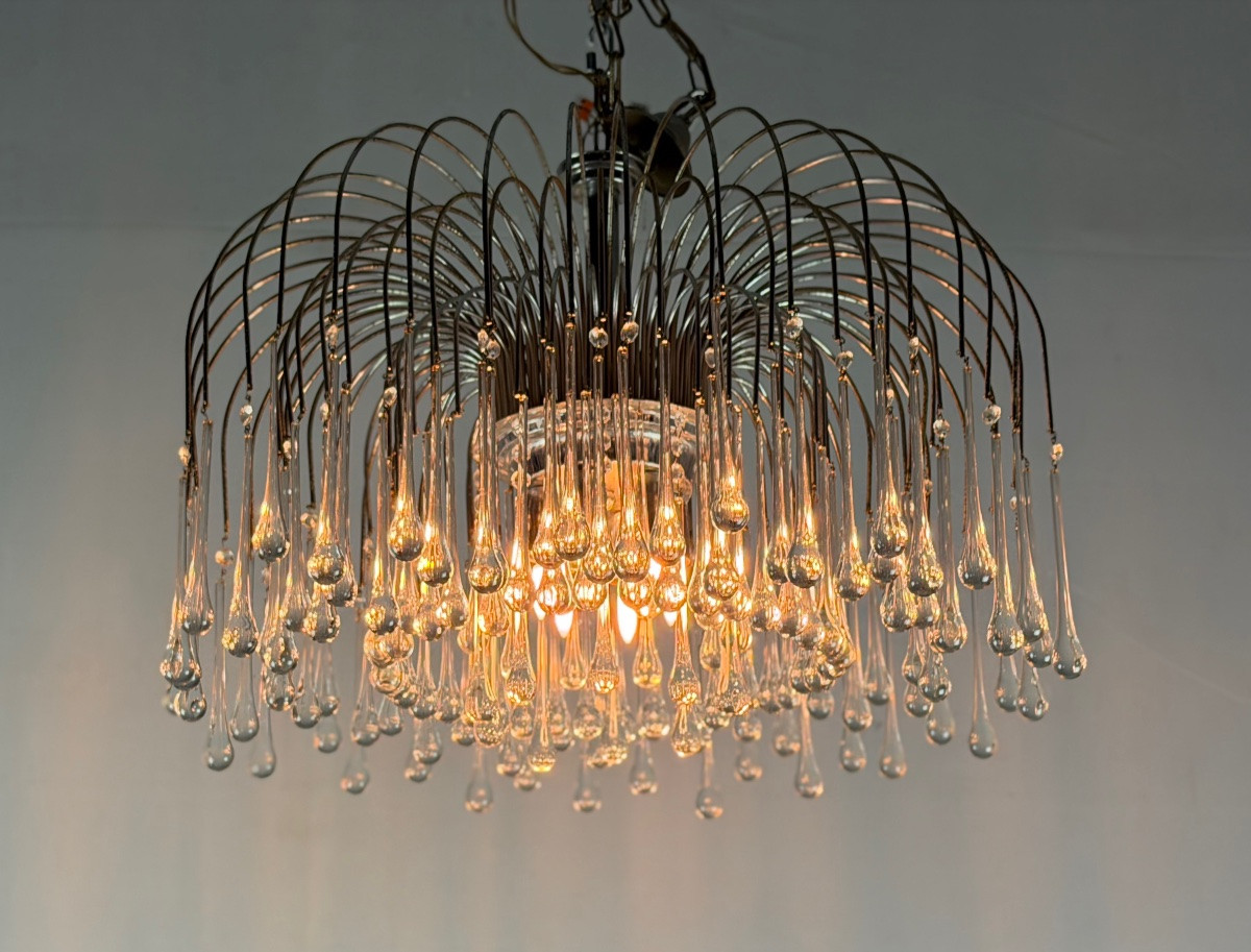 Paire de grands lustres garnis de gouttes en verre, structures métal chromé, Italie vers 1960-photo-2