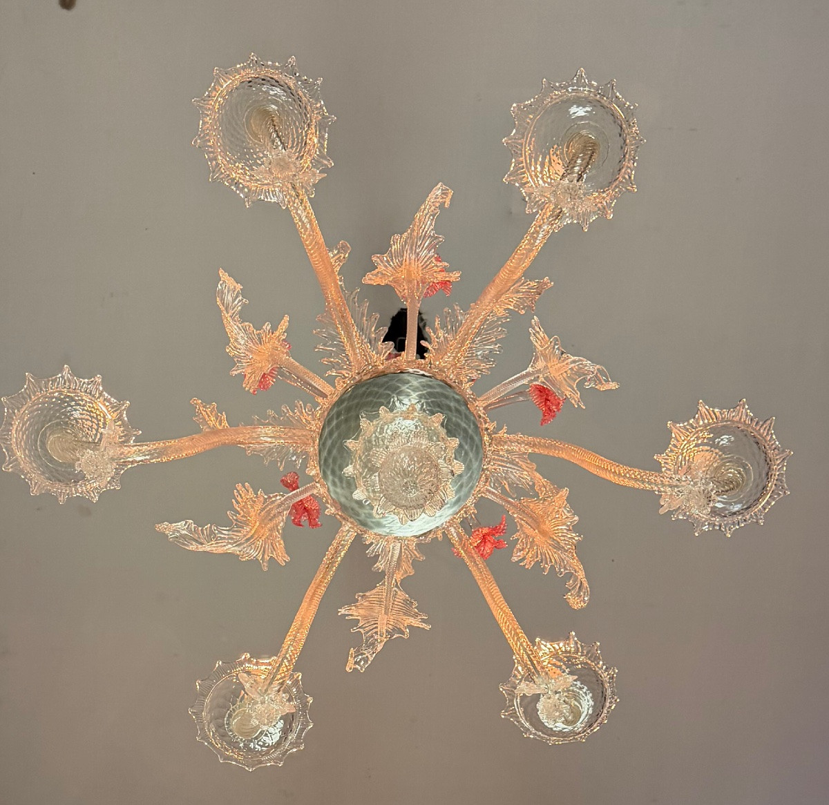 Lustre vénitien en verre de Murano incolore et rouge six bras de lumière vers 1940 -photo-2
