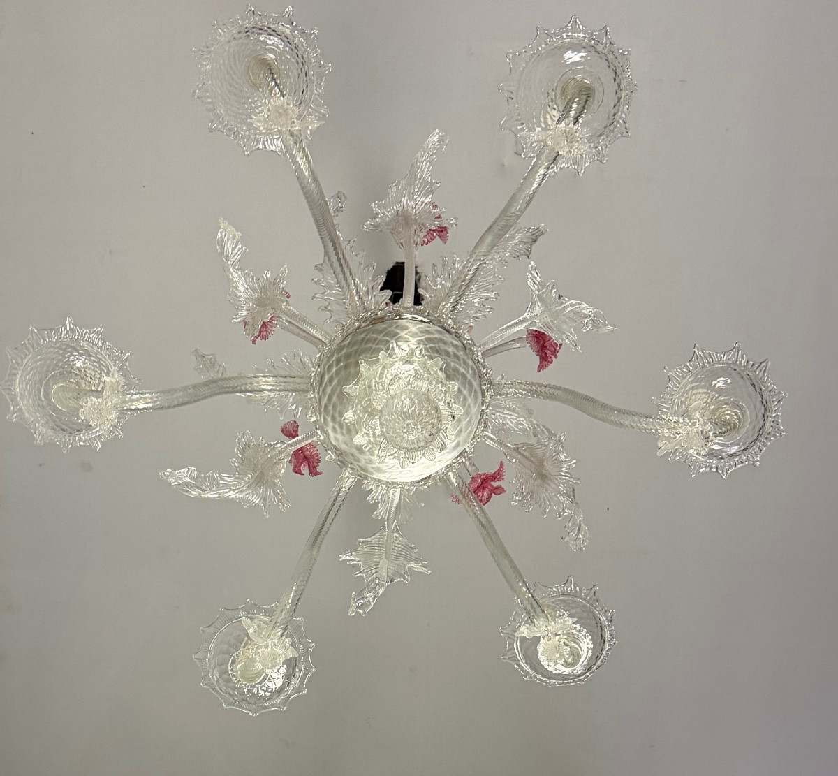 Lustre vénitien en verre de Murano incolore et rouge six bras de lumière vers 1940 -photo-3