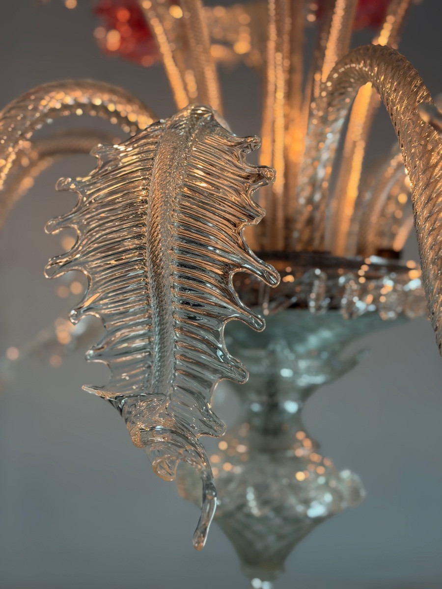 Lustre vénitien en verre de Murano incolore et rouge six bras de lumière vers 1940 -photo-6