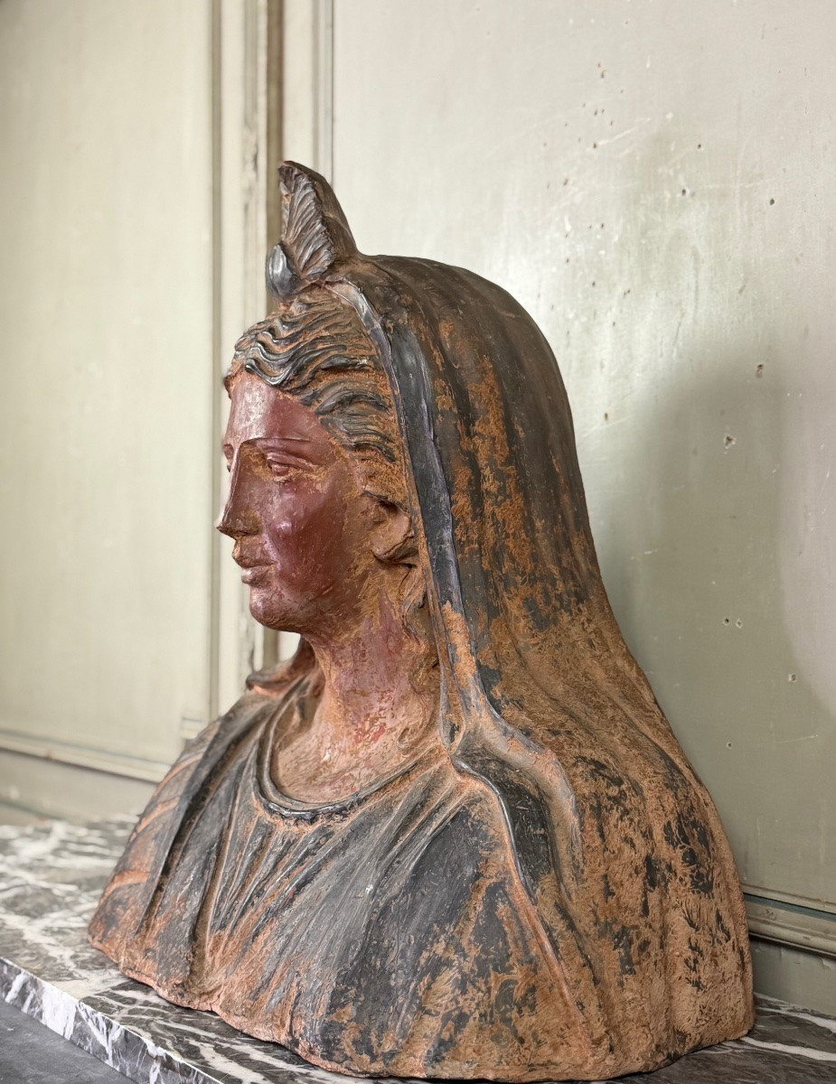 Buste en terre cuite de style Étrusque, objet Grand Tour, XIXème siècle-photo-7