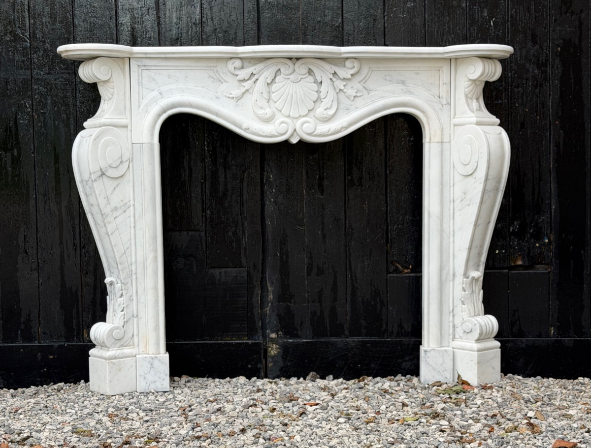Louis XV Style Fireplace In Carrara Marble, Circa 1980