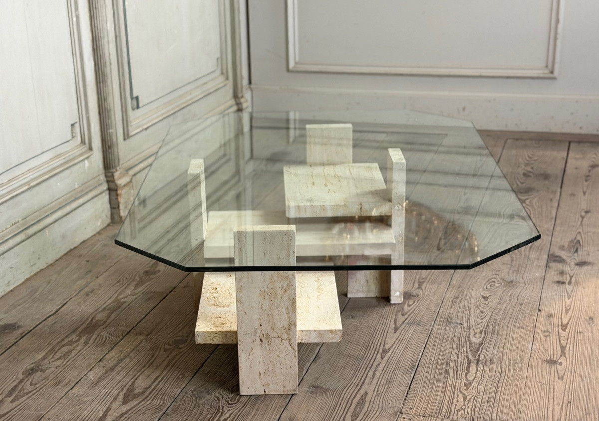 table brutaliste de Willy Ballez En travertin vers 1980-photo-2