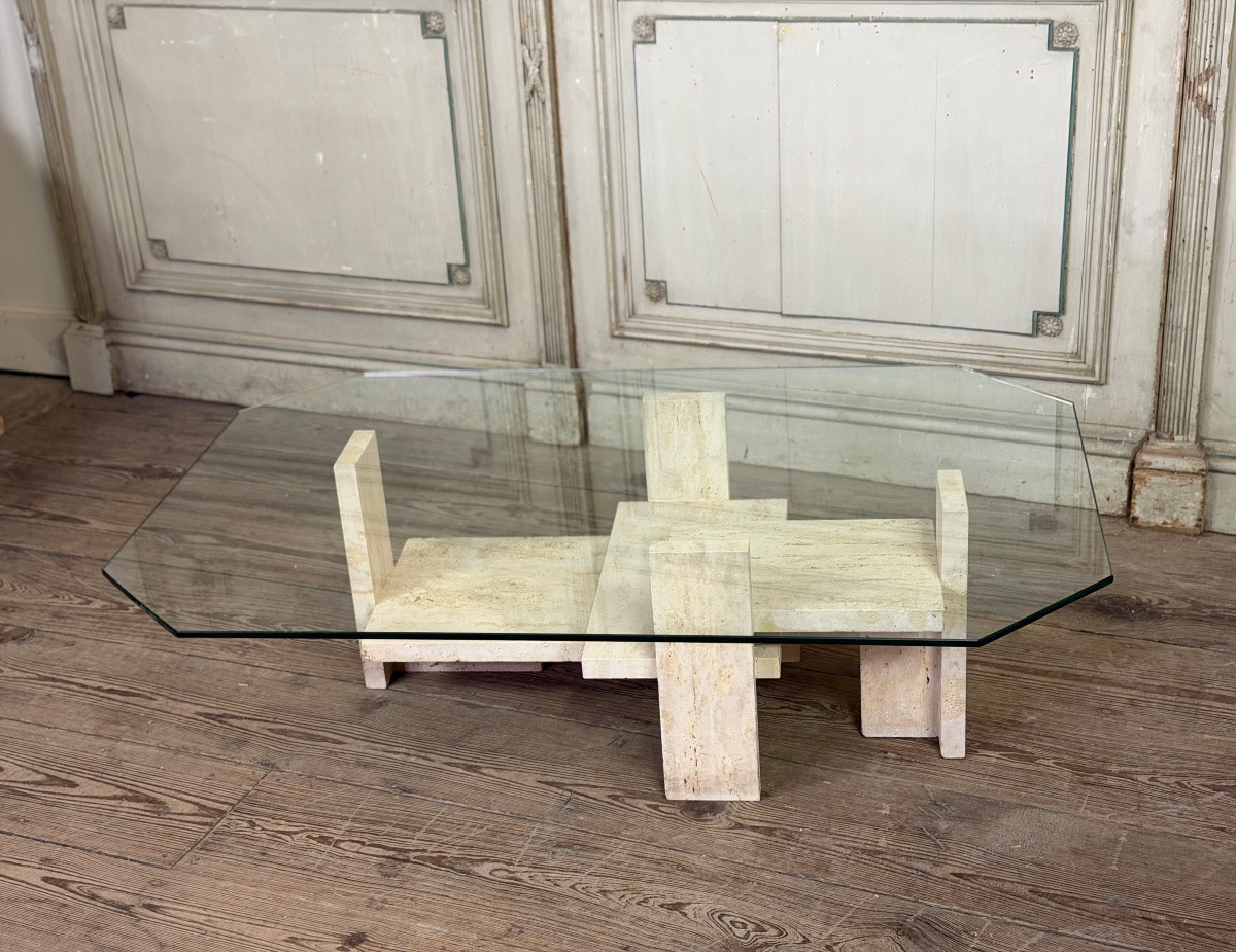 table brutaliste de Willy Ballez En travertin vers 1980-photo-3