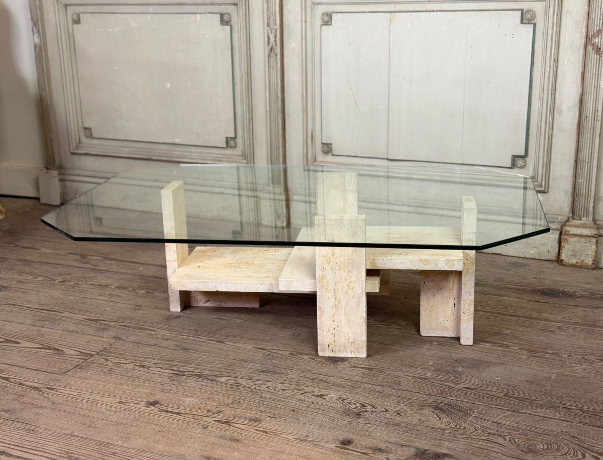 table brutaliste de Willy Ballez En travertin vers 1980-photo-4