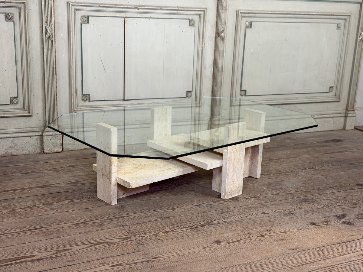 table brutaliste de Willy Ballez En travertin vers 1980-photo-1
