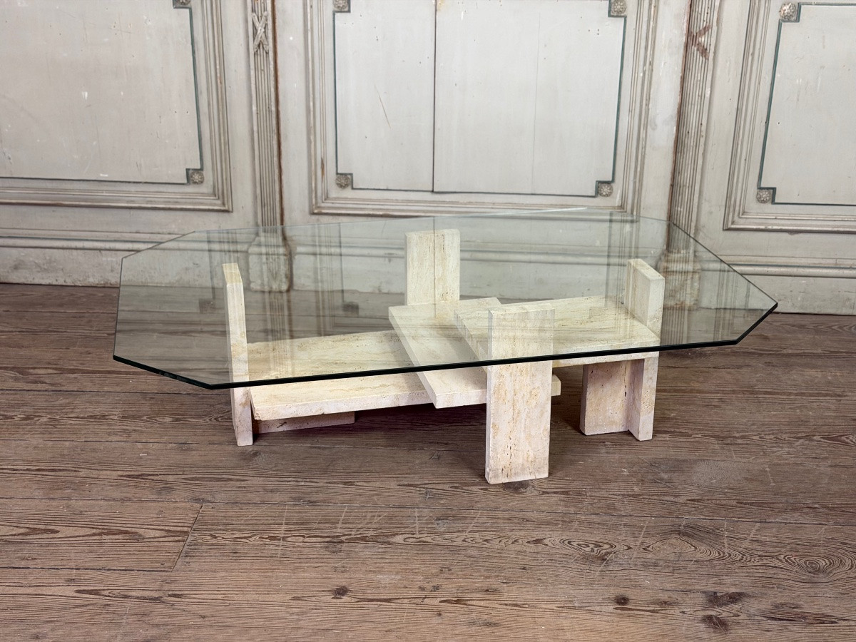 table brutaliste de Willy Ballez En travertin vers 1980-photo-2