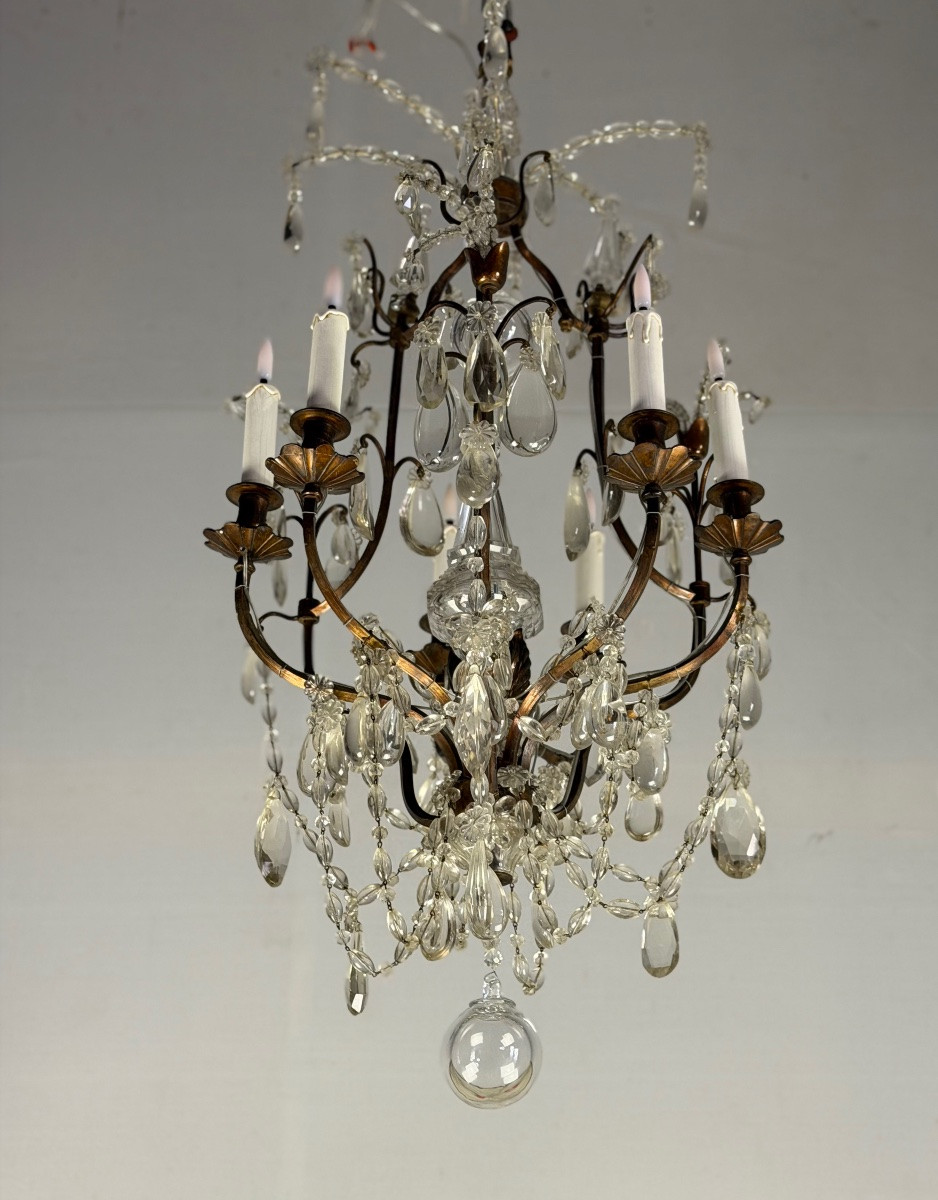 Lustre cage en bronze garni de pampilles de cristal, vers 1880 -photo-4