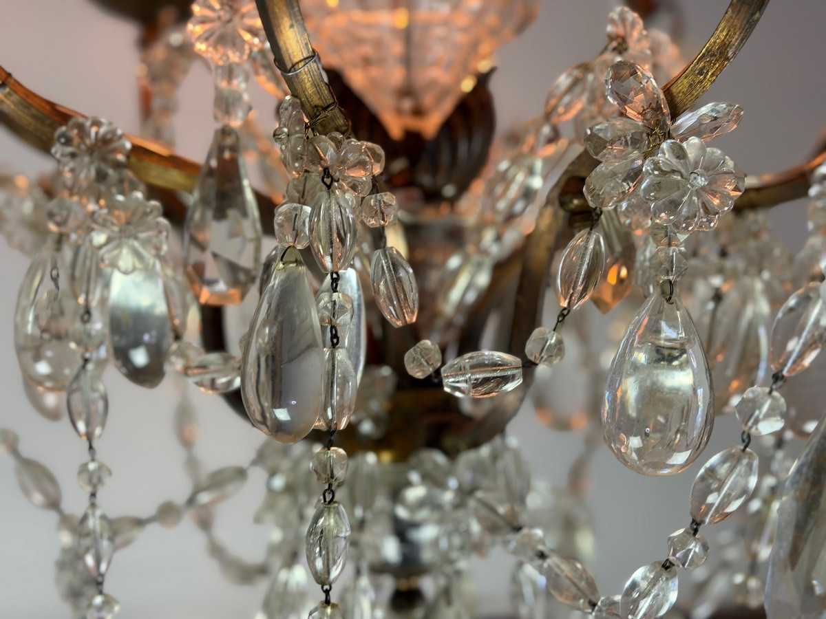 Lustre cage en bronze garni de pampilles de cristal, vers 1880 -photo-1