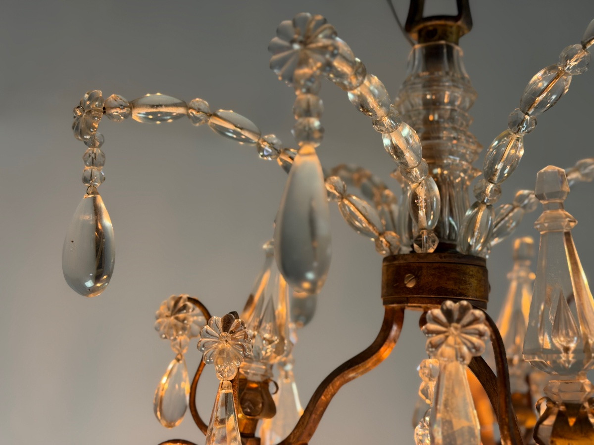Lustre cage en bronze garni de pampilles de cristal, vers 1880 -photo-2