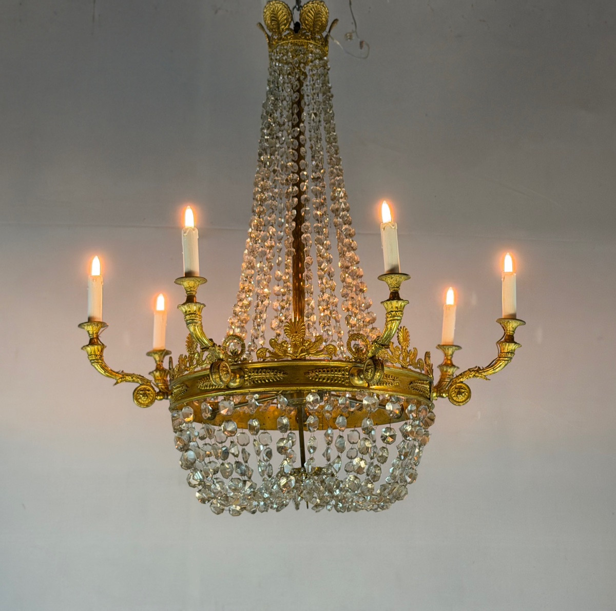 Empire Style Gilt Bronze Beaded Bag Chandelier, Circa 1880-photo-2