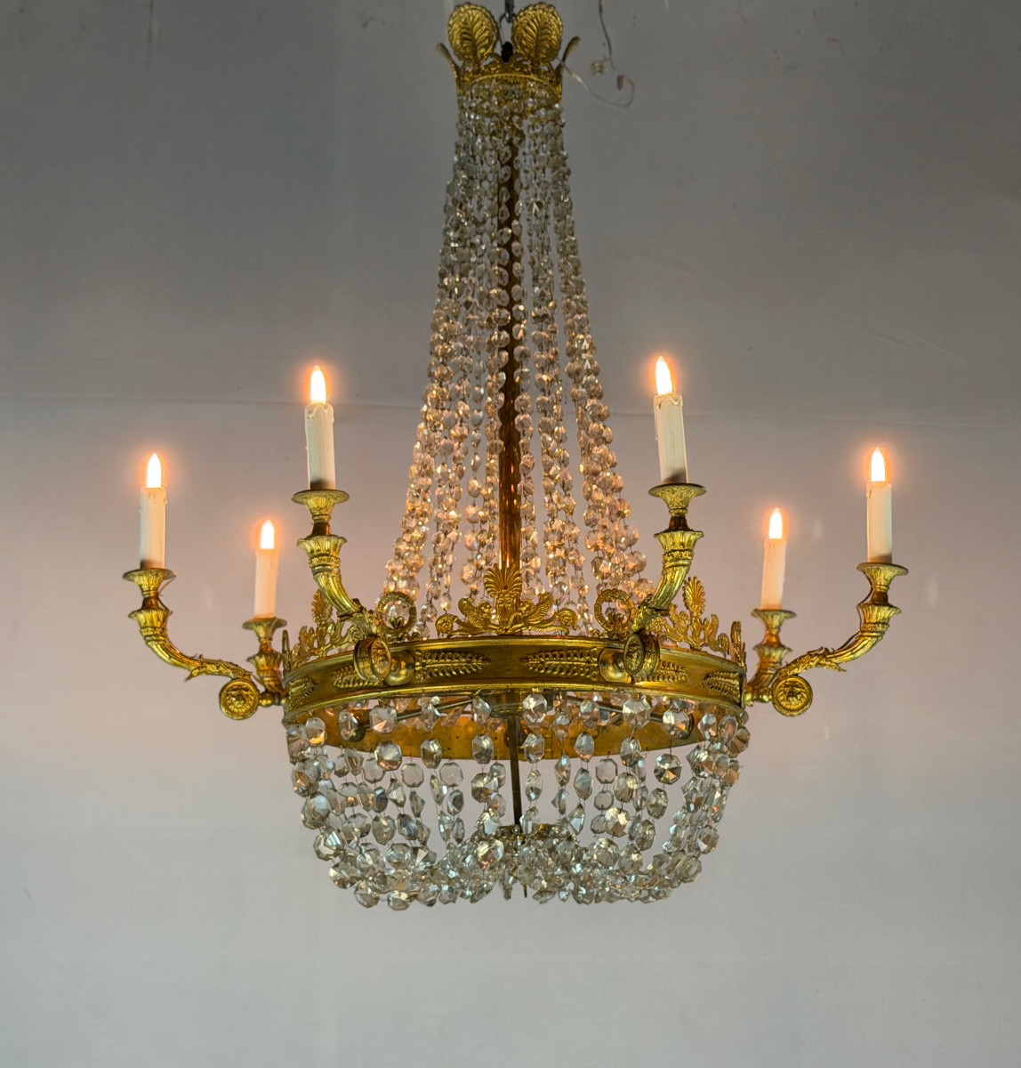 Empire Style Gilt Bronze Beaded Bag Chandelier, Circa 1880
