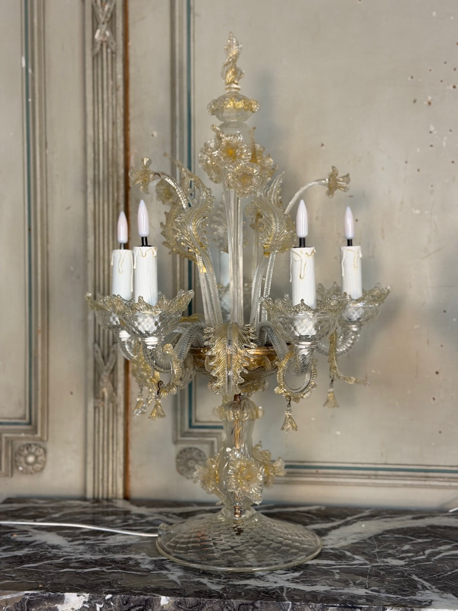 Pair Of Venetian Candelabra In Gilded Murano Glass, Newly Electrified, Circa 1950-photo-2