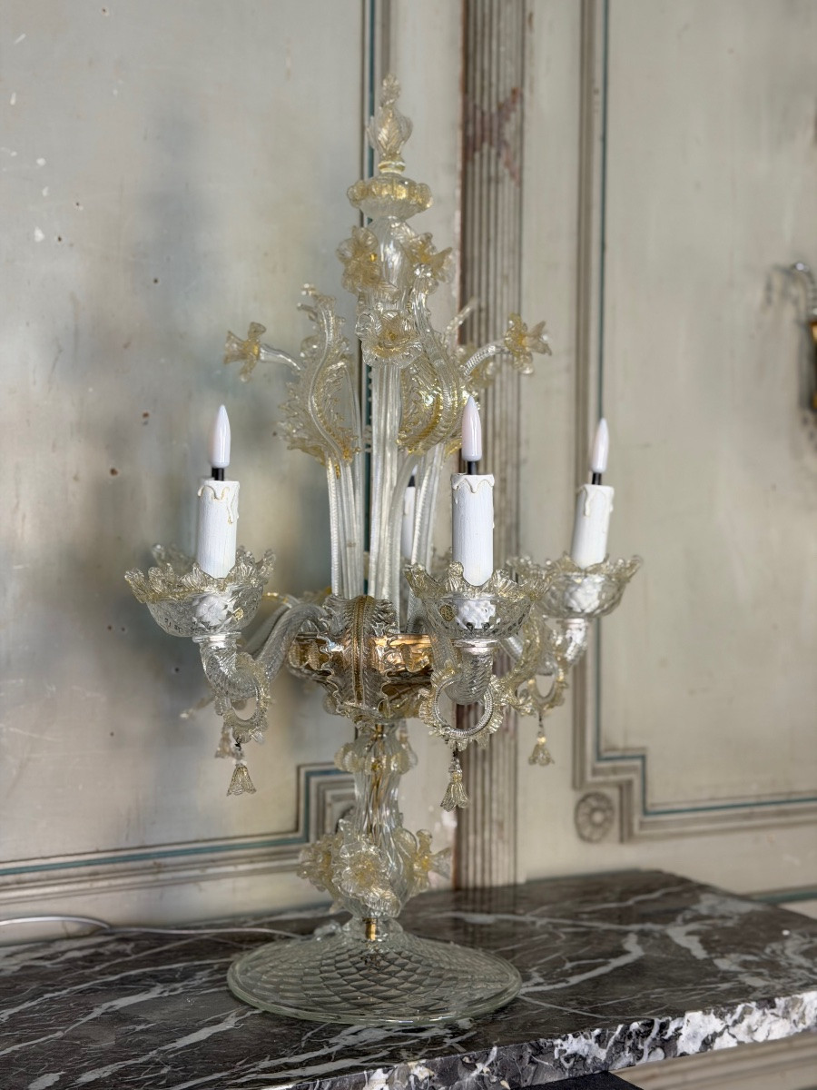 Pair Of Venetian Candelabra In Gilded Murano Glass, Newly Electrified, Circa 1950-photo-3