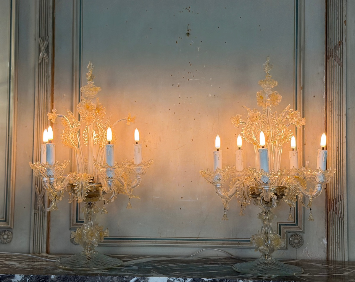 Pair Of Venetian Candelabra In Gilded Murano Glass, Newly Electrified, Circa 1950