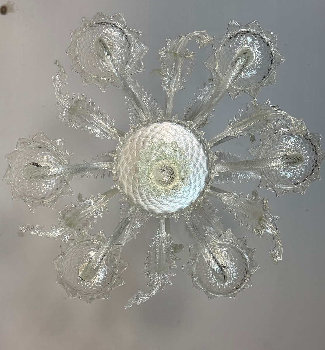 Venetian Chandelier In Colorless Murano Glass, 6 Light Arms, Circa 1950-photo-3