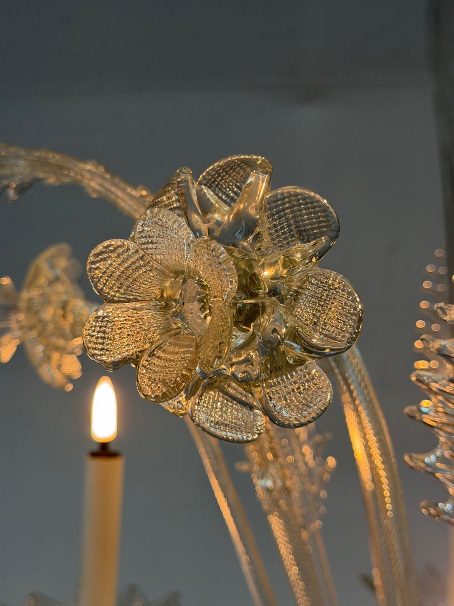 Venetian Chandelier In Colorless Murano Glass, 6 Light Arms, Circa 1950-photo-2
