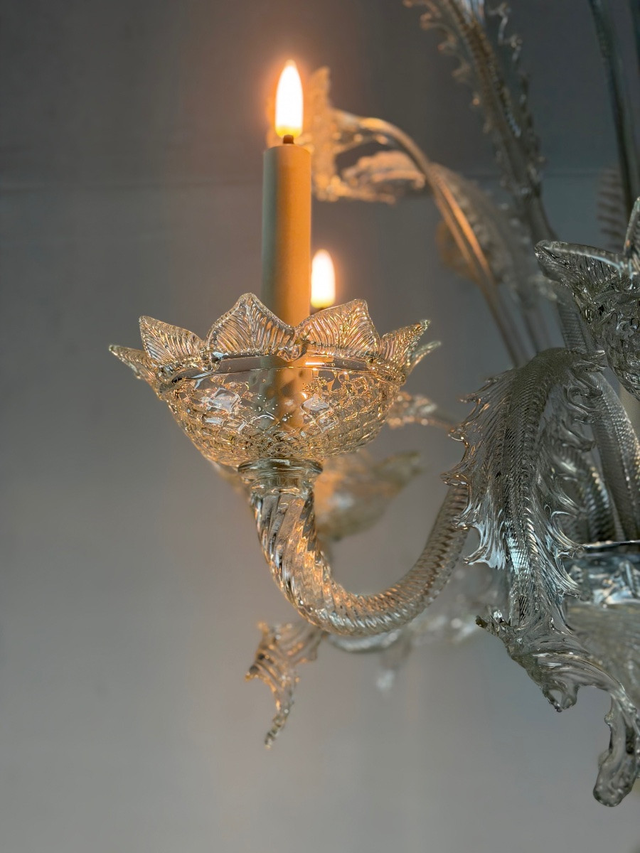 Venetian Chandelier In Colorless Murano Glass, 6 Light Arms, Circa 1950-photo-4