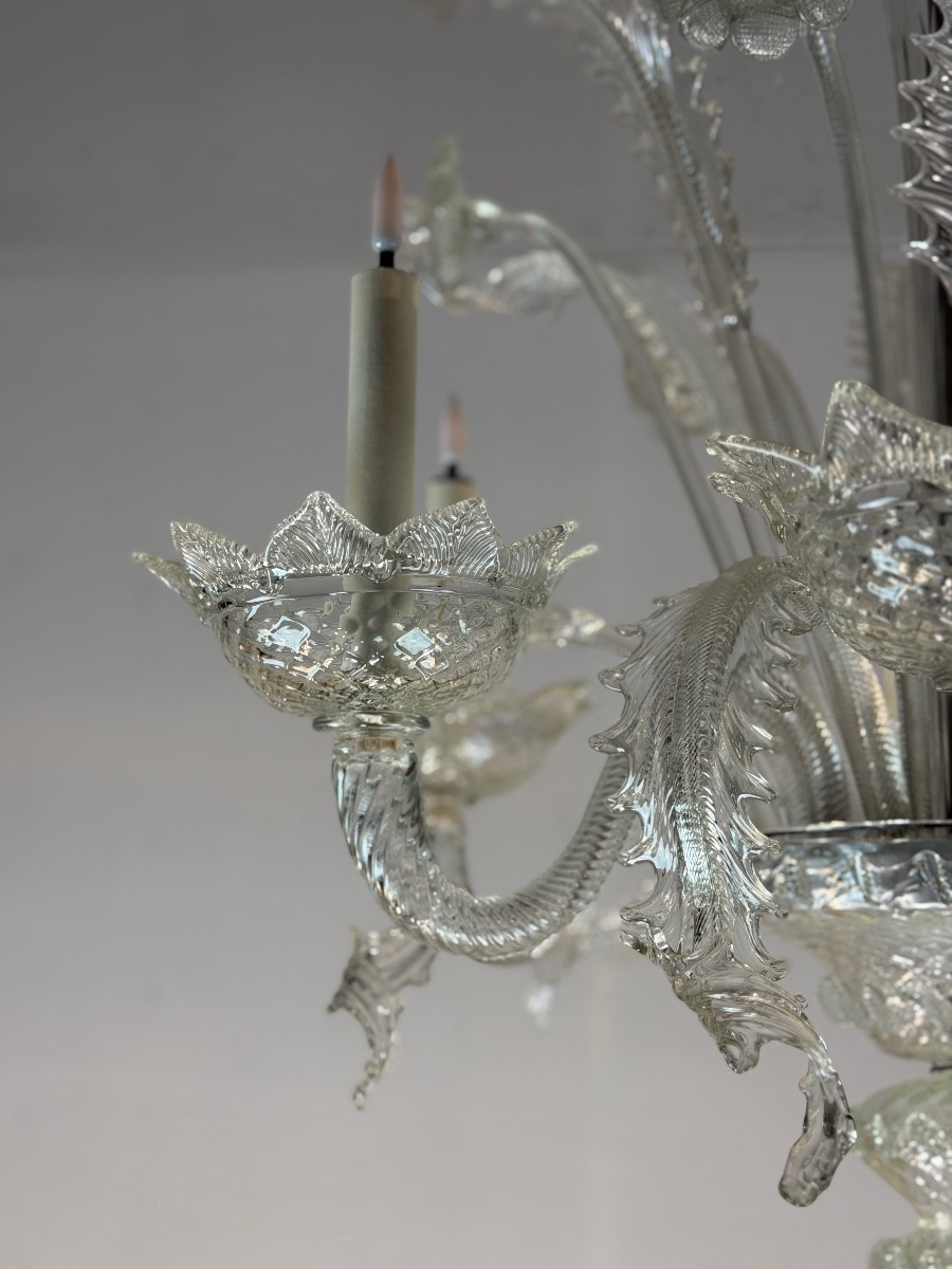 Venetian Chandelier In Colorless Murano Glass, 6 Light Arms, Circa 1950-photo-6