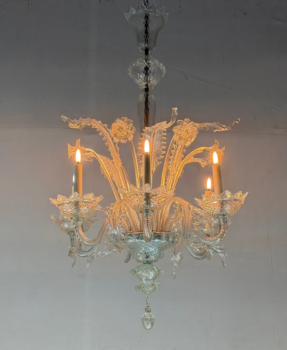 Venetian Chandelier In Colorless Murano Glass, 6 Light Arms, Circa 1950