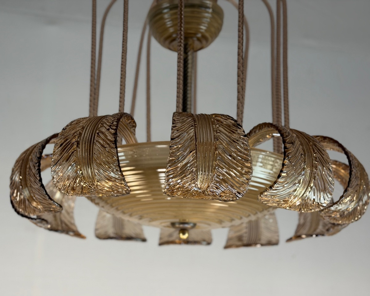 Lustre Art Déco vénitien en verre de Murano de couleur mordoré, vers 1930 -photo-1
