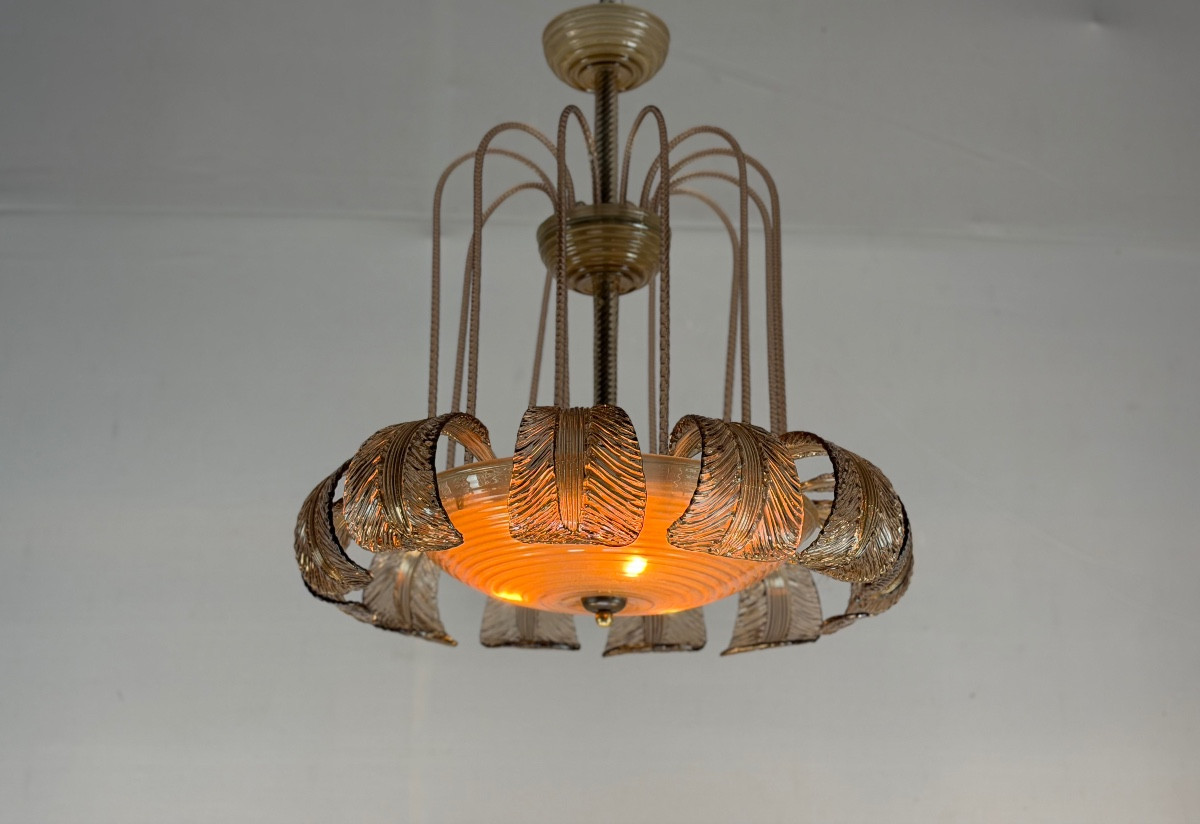 Lustre Art Déco vénitien en verre de Murano de couleur mordoré, vers 1930 