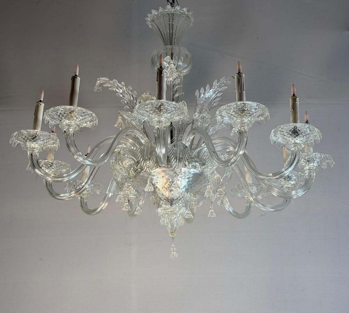 Venetian Chandelier In Colorless Murano Glass, 12 Light Arms, Circa 1900-photo-2